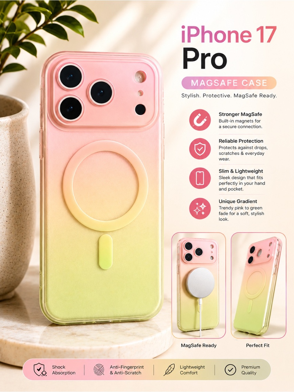 iPhone 17 Pro MagSafe Case in Pink to Green Gradient - Compatible Protection